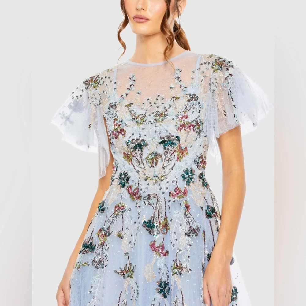 NWT $998 MAC DUGGAL Embellished Multi Color Flutter Sleeve A-Line Dress GOWN